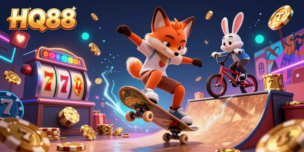 Engage with HQ88's lively casino scene featuring a skateboarder fox and BMX rabbit amid vibrant gambling elements.