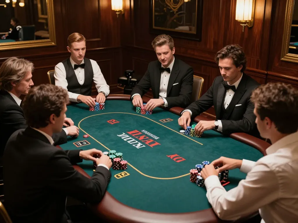 Intense Texas Hold'em game in luxurious casino setting at 88vv, showcasing engaged players and elegant decor.