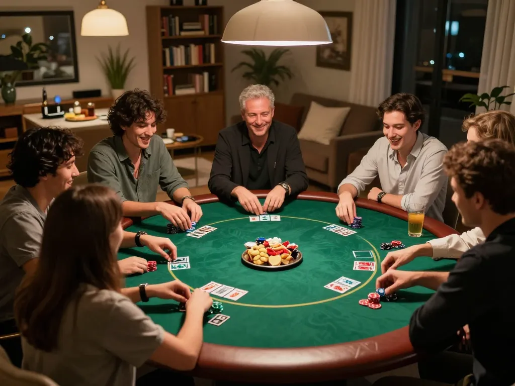 GO8 poker night setup showcasing friendly competition and snacks at a green felt table