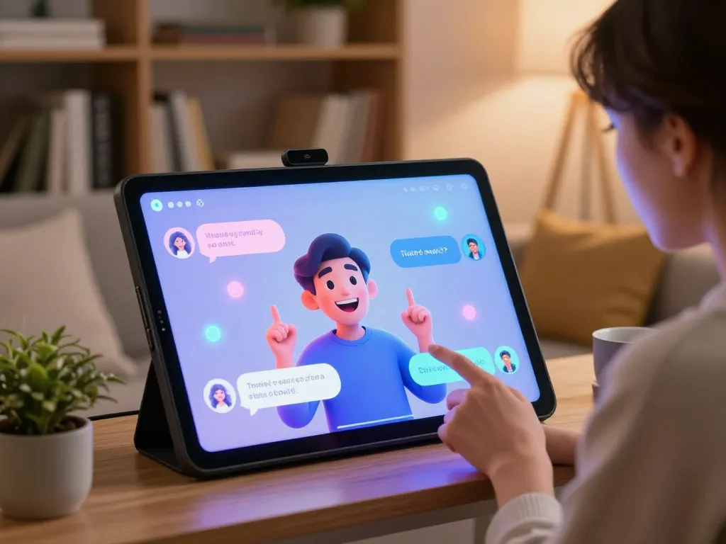 Interactive AI sex chat on a modern touchscreen device in a cozy setting.