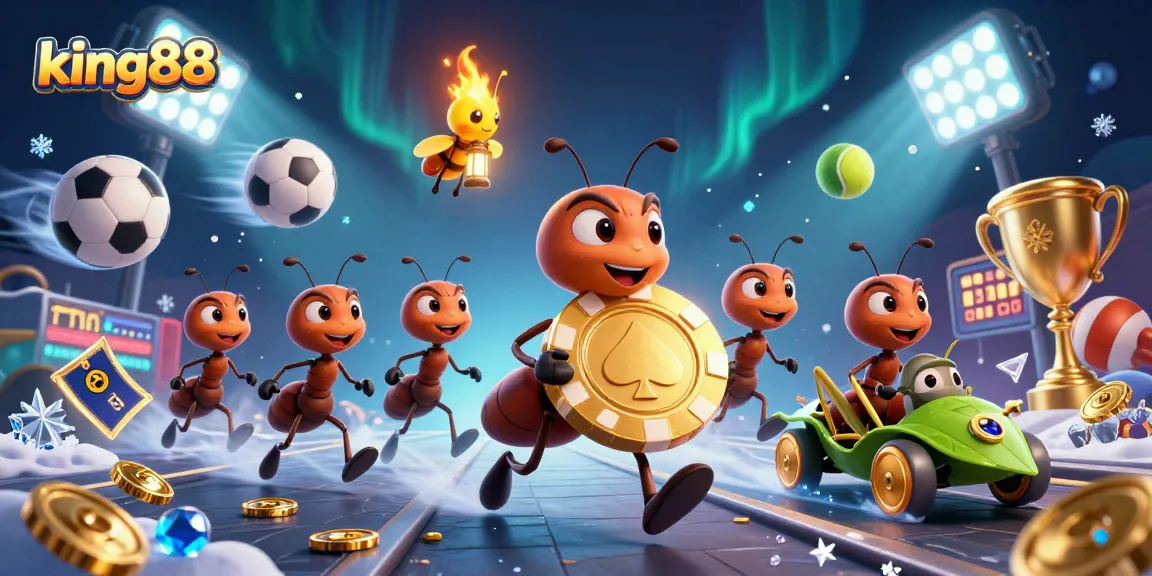 Engage with king88 through this vibrant heist scene featuring a team of ants and golden poker chips.