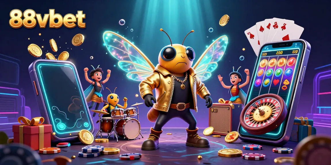 Experience the vibrant energy of 88vbet with a colorful party scene featuring a cicada rock star and casino elements.