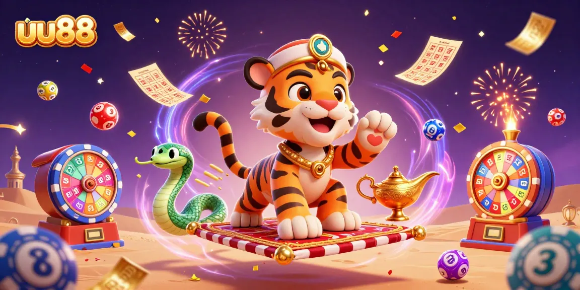 Engage in thrilling gameplay at uu88 with a vibrant gambling scene featuring lottery balls, a tiger sultan, and celebration elements.