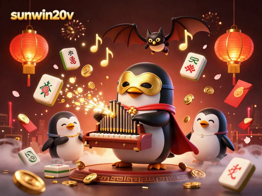 Engage with sunwin20v's animated world as a penguin plays organ, showering golden coins while lanterns float.