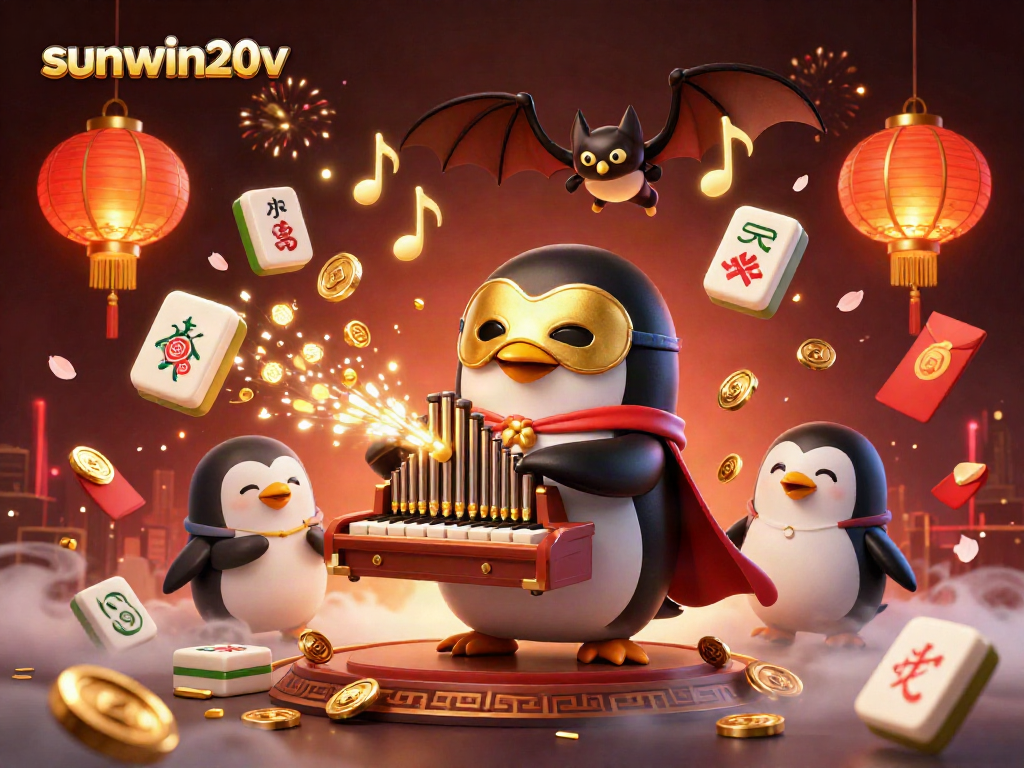 Engage with sunwin20v's animated world as a penguin plays organ, showering golden coins while lanterns float.