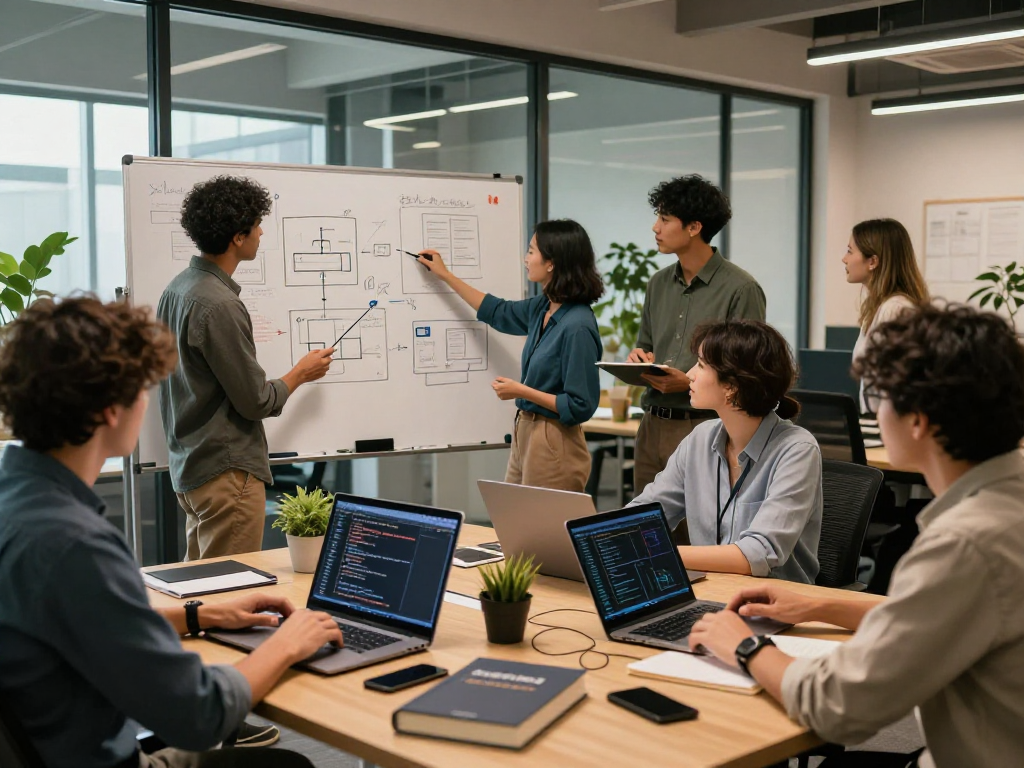 ia +18 software developers collaborating in a modern workspace filled with coding elements, tablets, and whiteboard diagrams.