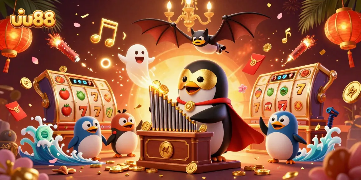 Experience thrilling wins at uu88 with a vibrant slot-themed casino illustration featuring dynamic characters and golden elements.
