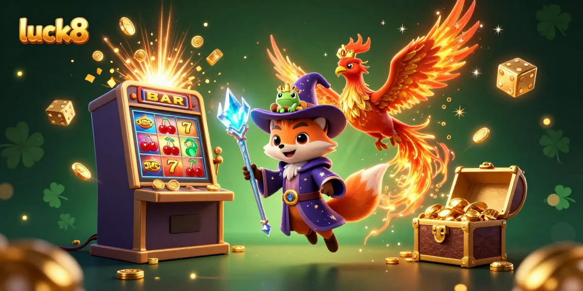 Engage with luck8 through an enchanting casino scene featuring a magical wizard and vibrant elements.