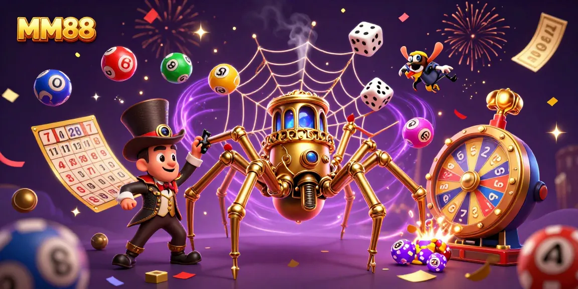 Engage with MM88's captivating world of online gambling featuring dynamic casino icons and an enchanting steampunk spider.