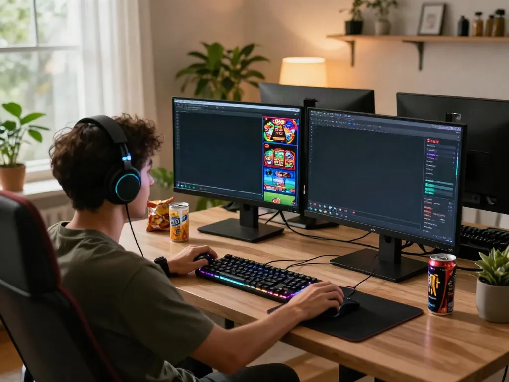 Gamer engaged with DA88 online gaming at home office, showcasing vibrant gaming visuals and tools.