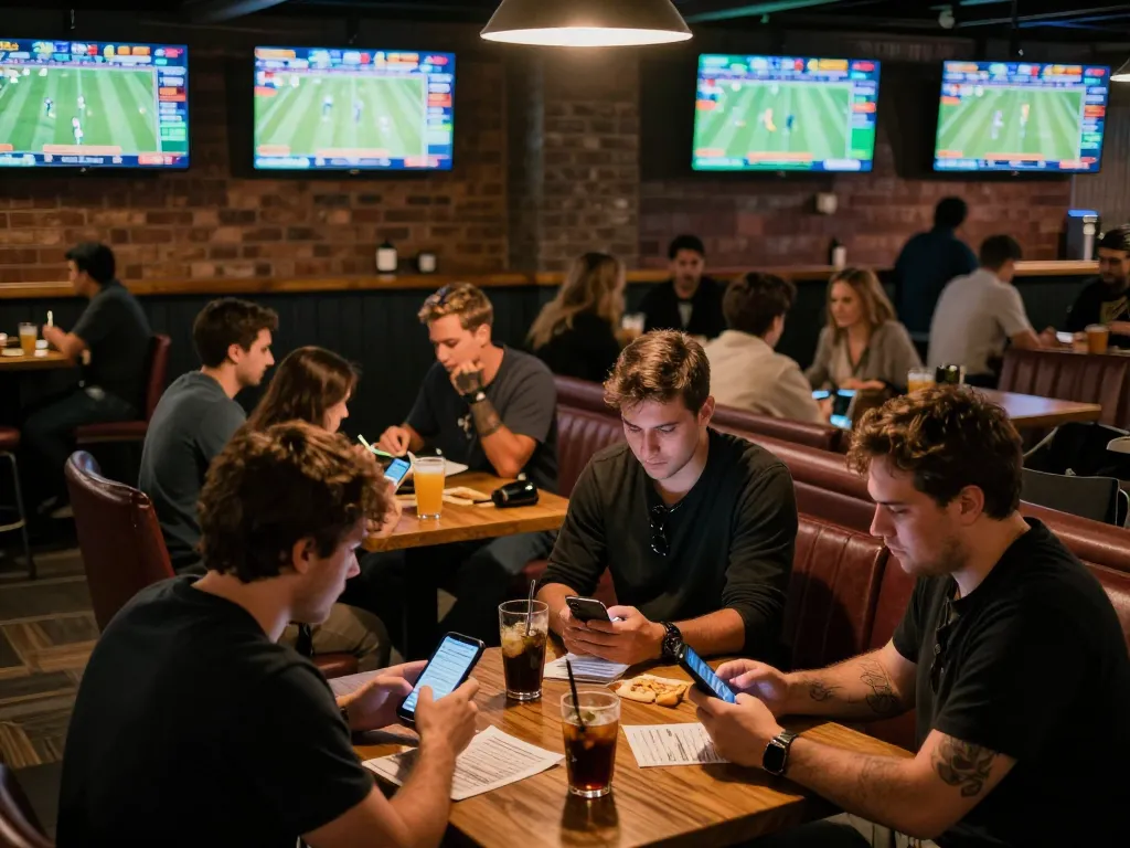 Sports betting scene at nhandinhkeonhacai with bettors analyzing live odds and engaging in strategy discussions