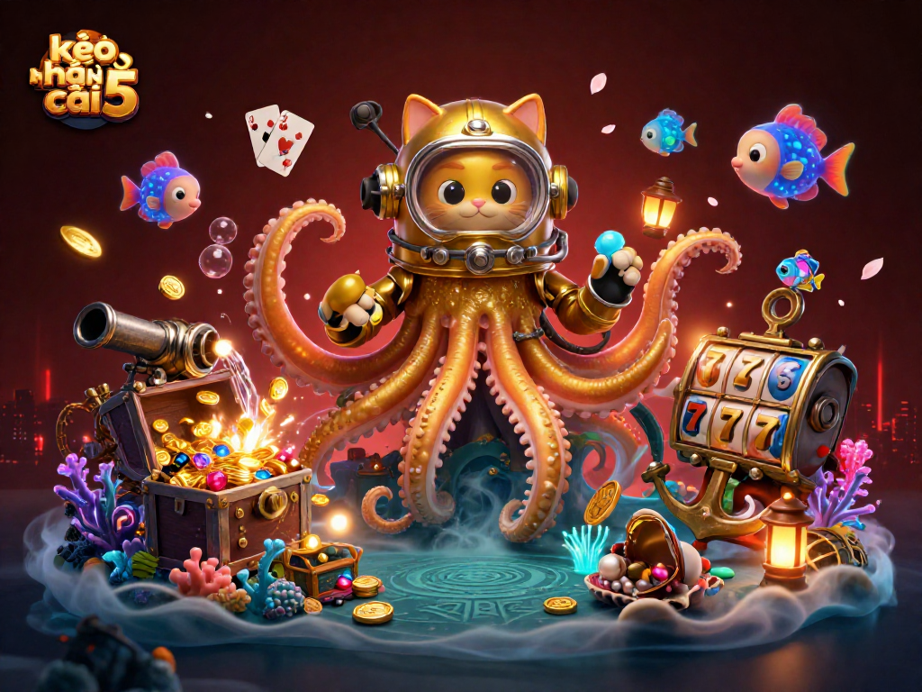 Engage with kèo nhà cái 5 through vibrant underwater scene featuring kraken and gambling elements.