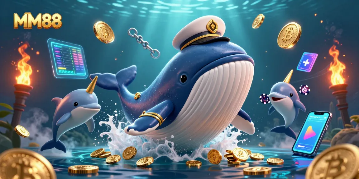 Experience the thrill of MM88 with a vibrant casino scene featuring playful dolphins and a captain whale.
