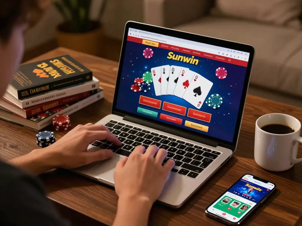Engaged player using Sunwin's online casino interface, showcasing strategic gameplay with poker visuals.