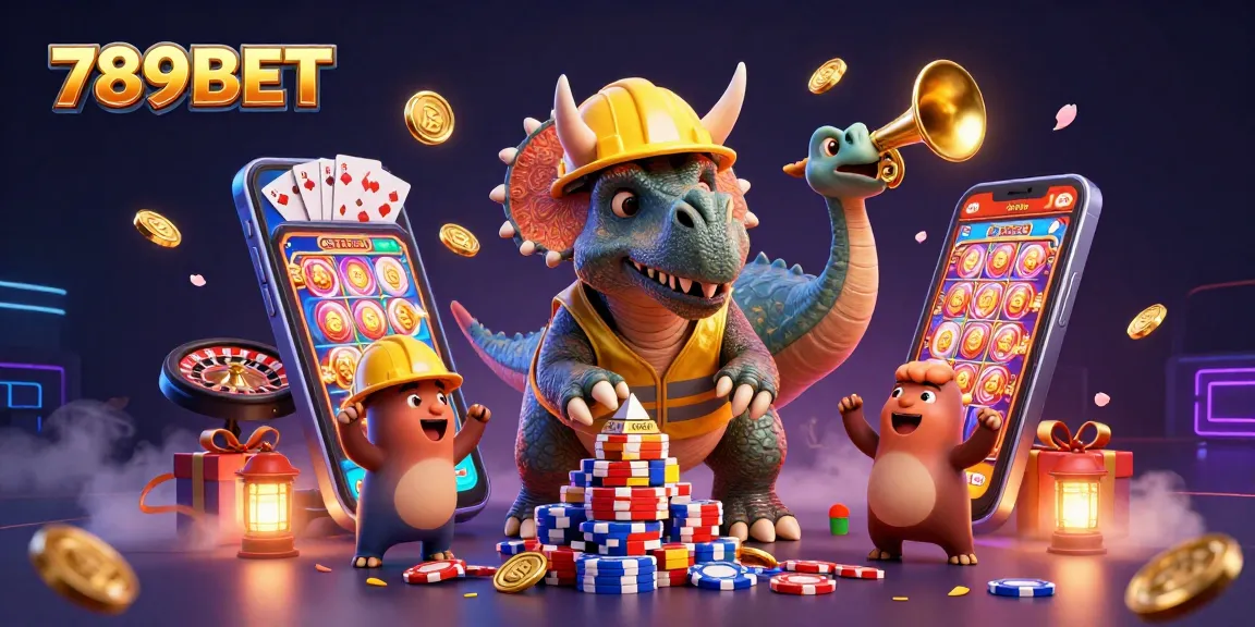 Join the fun at 789BET Casino with a triceratops building a poker chip pyramid!