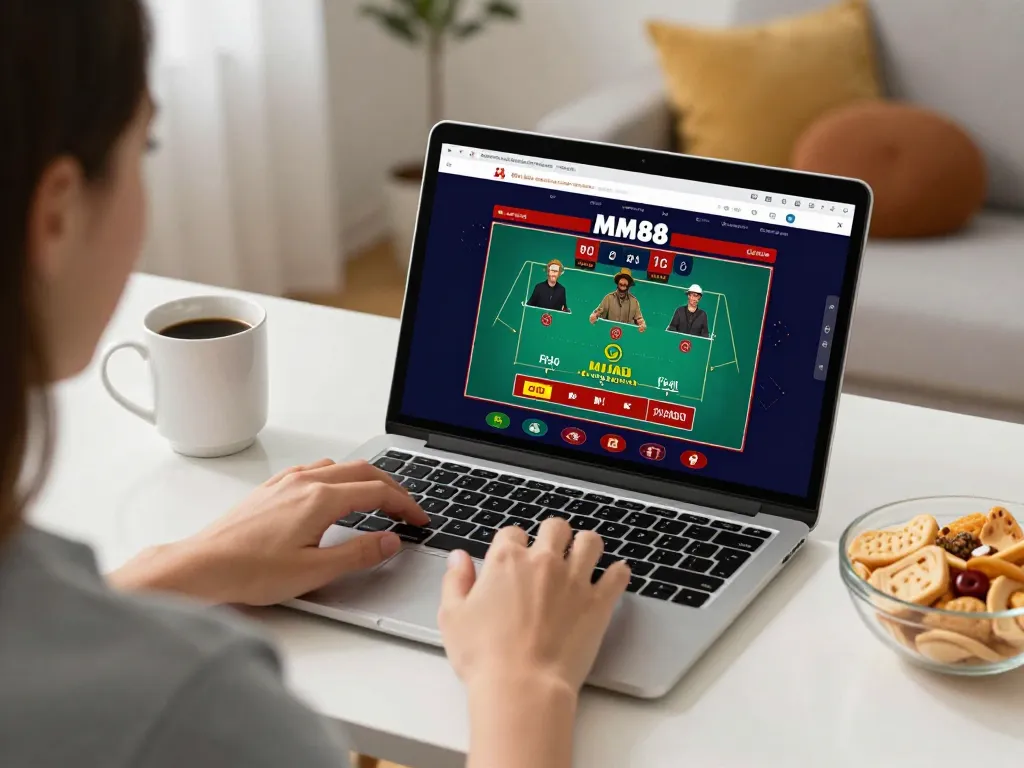Experience engaging online gambling with MM88 on a laptop during home gaming.
