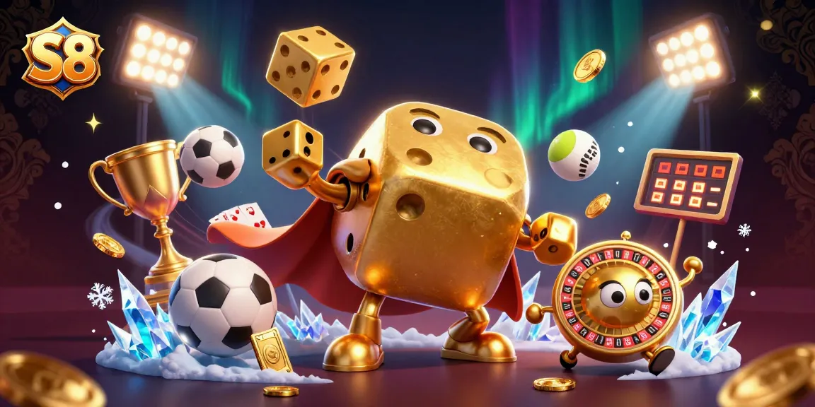 S8 offers immersive gameplay with a dynamic illustration featuring golden dice, sports balls, and casino elements.