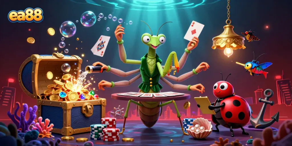 Experience thrilling gameplay at ea88 with a vibrant casino scene featuring unique characters and dazzling elements.