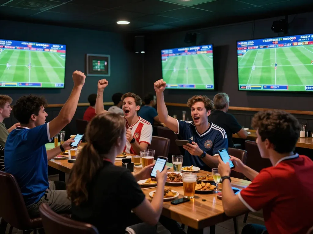 Okwintv fans enthusiastically bet and watch live soccer matches in a modern sports bar.