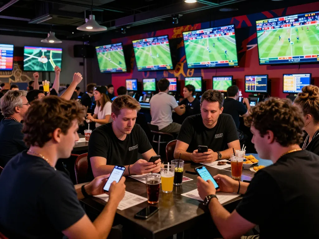 Fans engaging in live sports betting at hitclub bar, smartphones and betting slips visible.