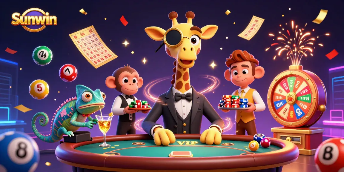 Experience excitement at Sunwin with a high-roller giraffe at the poker table surrounded by vibrant casino elements.