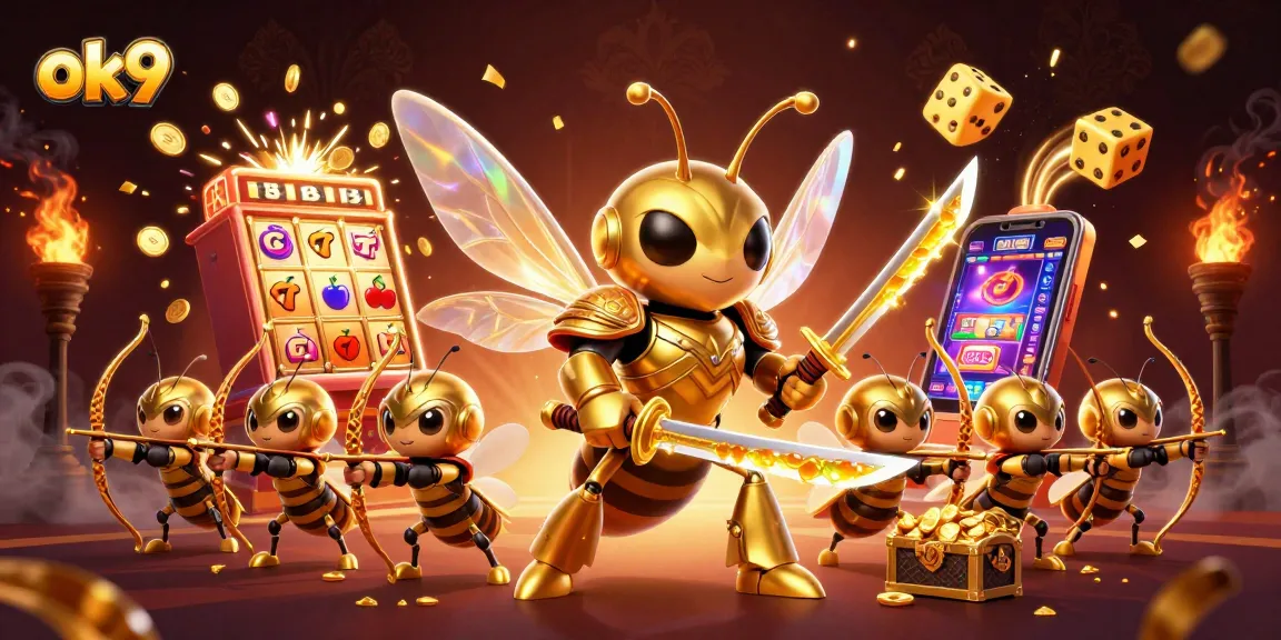 Spin the reels at ok9 with a cartoon hornet samurai, jackpot explosion, and thrilling casino elements.
