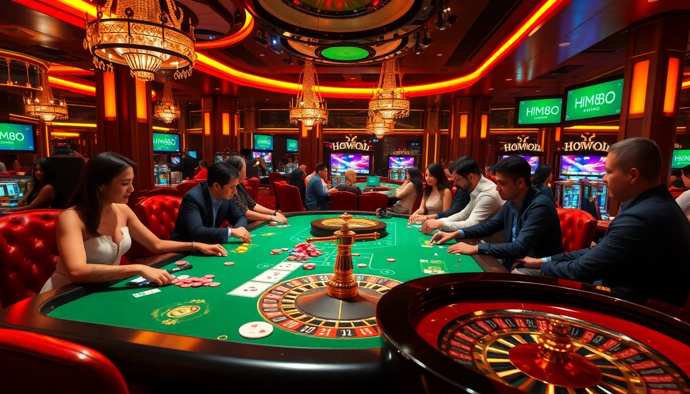 Engaging gamblers at an upscale casino table featuring HM88 themed poker chips and cards.