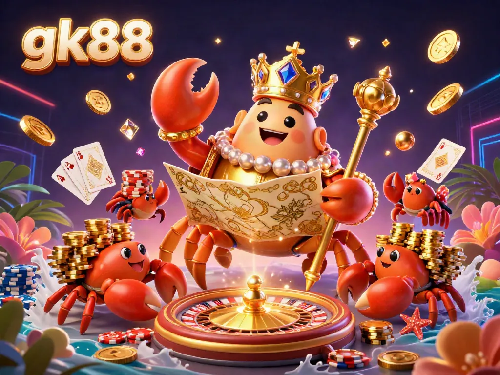 gk88 showcases a golden crab emperor surrounded by casino elements, celebrating winning moments in games.