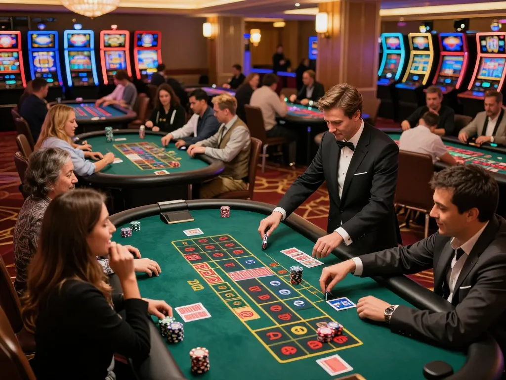Players winning at F8BET in a luxurious casino environment with roulette and poker tables.