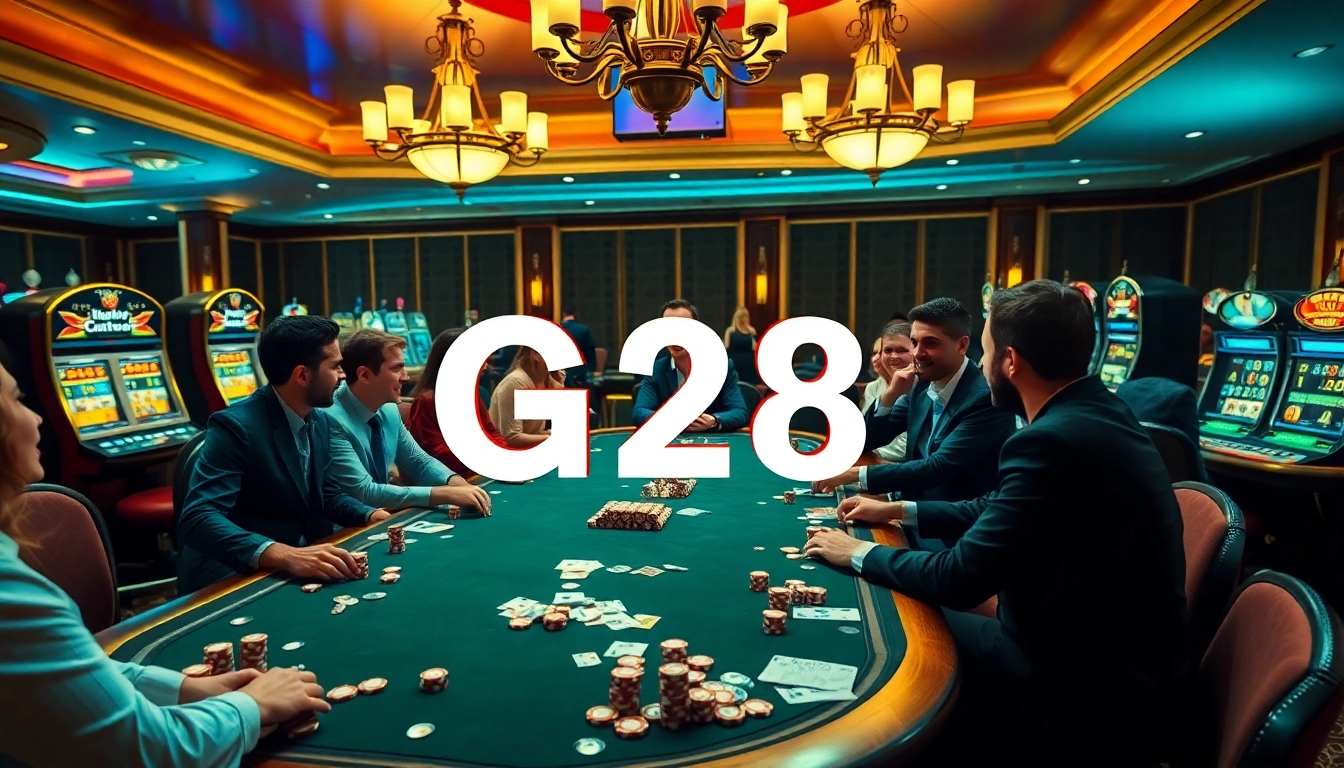 Experience G28 excitement with players at a vibrant casino table filled with poker chips and cards.