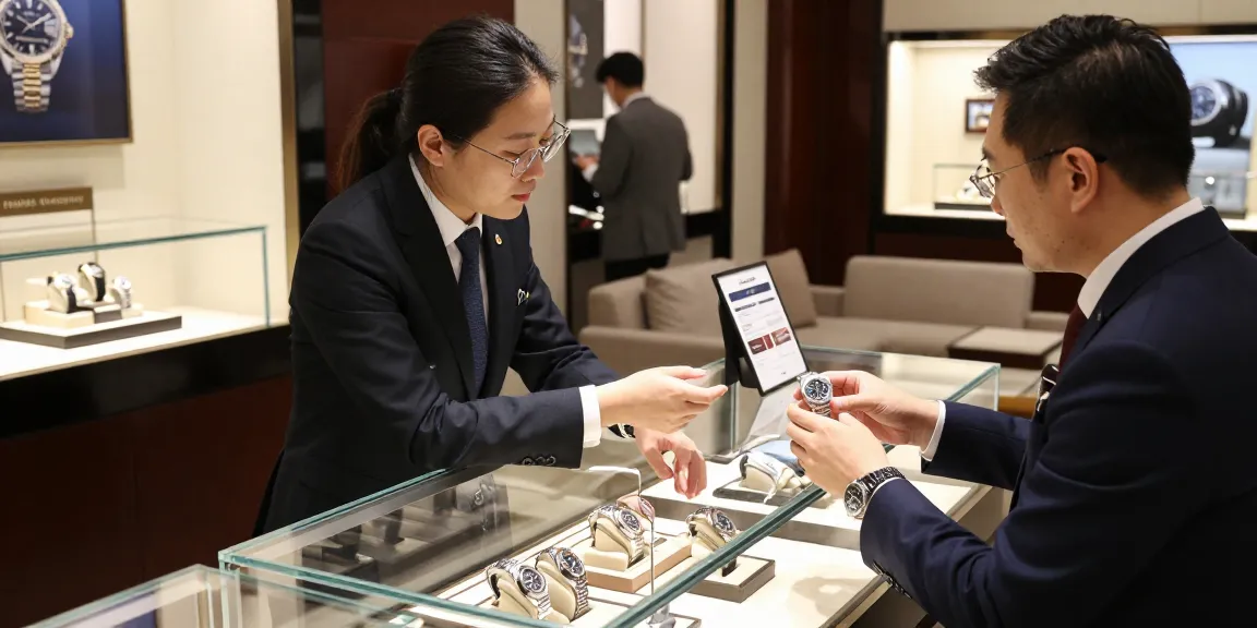 Replica watches showcased in a luxury retail environment with an engaged customer examining a high-end model.