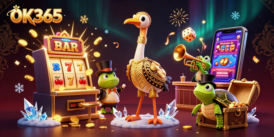Spin the reels at OK365 with a dazzling 3D casino scene showcasing vibrant characters and dynamic elements.