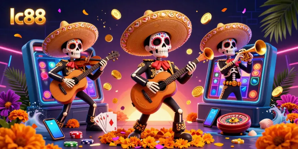 Experience the vibrant excitement of lc88 with a Day of the Dead mariachi band amidst a lively casino scene filled with games and gold.