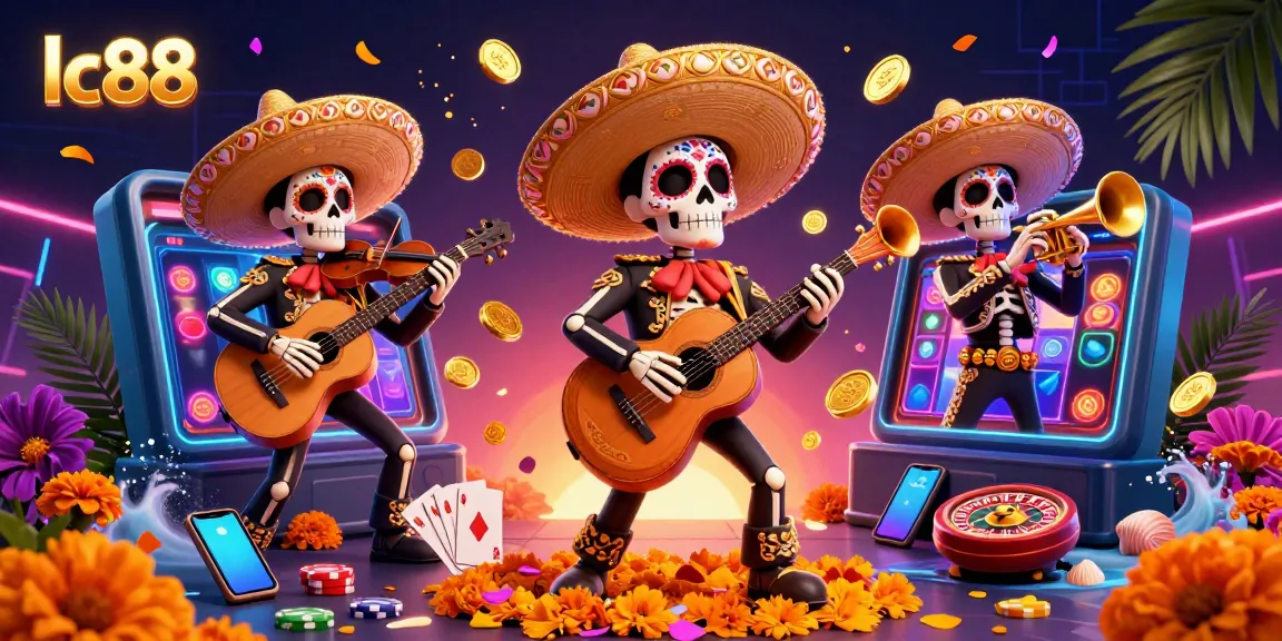 Experience the vibrant excitement of lc88 with a Day of the Dead mariachi band amidst a lively casino scene filled with games and gold.