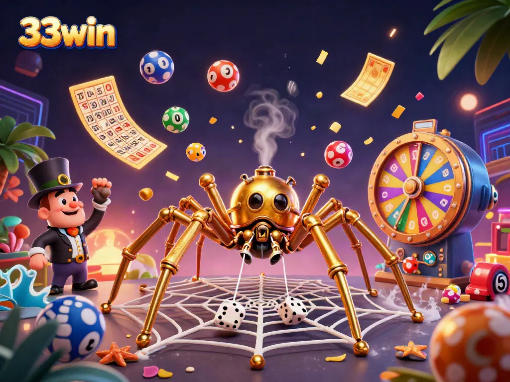 Engage with 33win's vibrant 3D casino scene featuring a steampunk spider and colorful lottery elements.