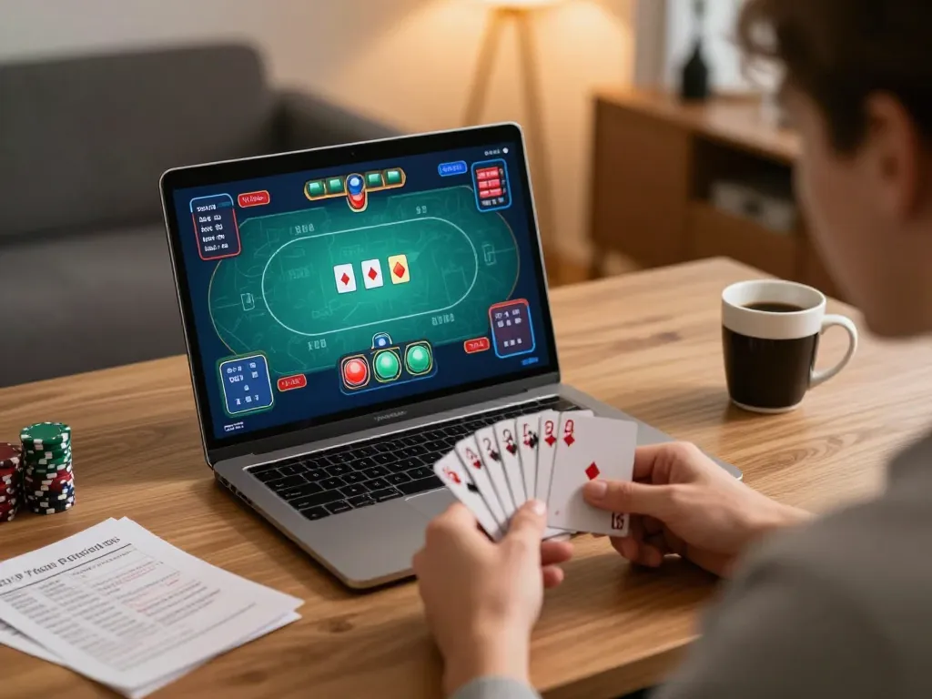 Engaging in online poker gameplay at home with 88CLUB, showcasing strategic decision-making and responsible betting.