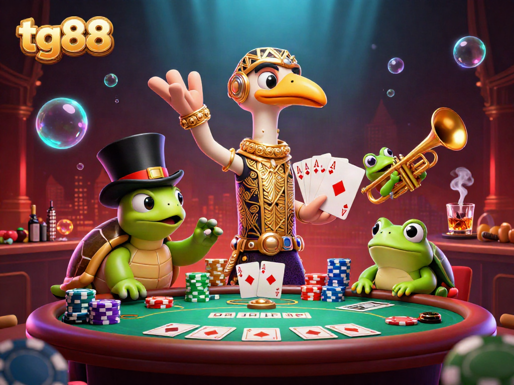 Experience thrilling gaming at tg88, showcasing a vibrant casino scene with characters and poker elements