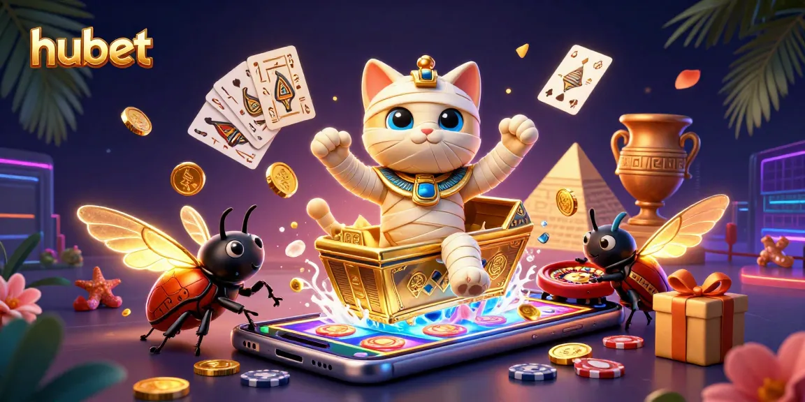 Play engaging games at hubet with a lively scene featuring a mummy cat and gold coins.