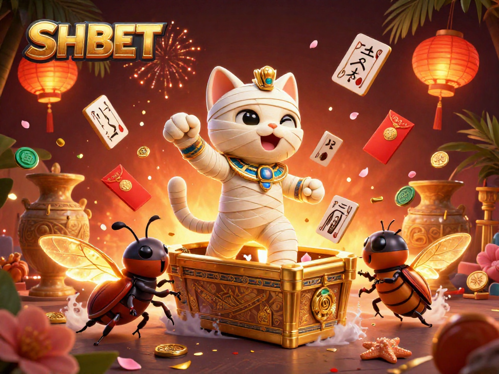 Experience the thrilling SHBET Casino with a vibrant illustration of a mummy cat and treasures