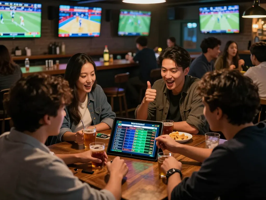 Players analyzing keonhacai odds during an exciting live sports betting experience at a bar