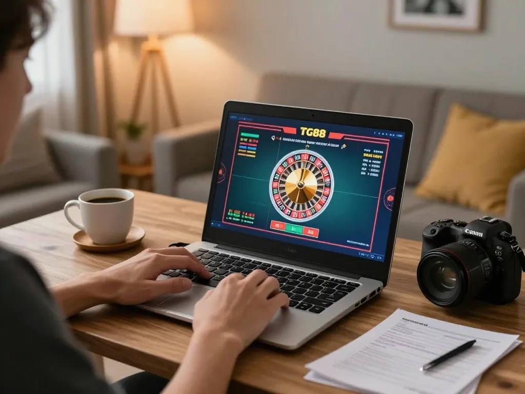 TG88 player enjoying an online casino game at home in a cozy setup