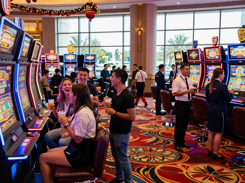 Engaging travel scene at gem88 casino entrance with friends enjoying gaming excitement.