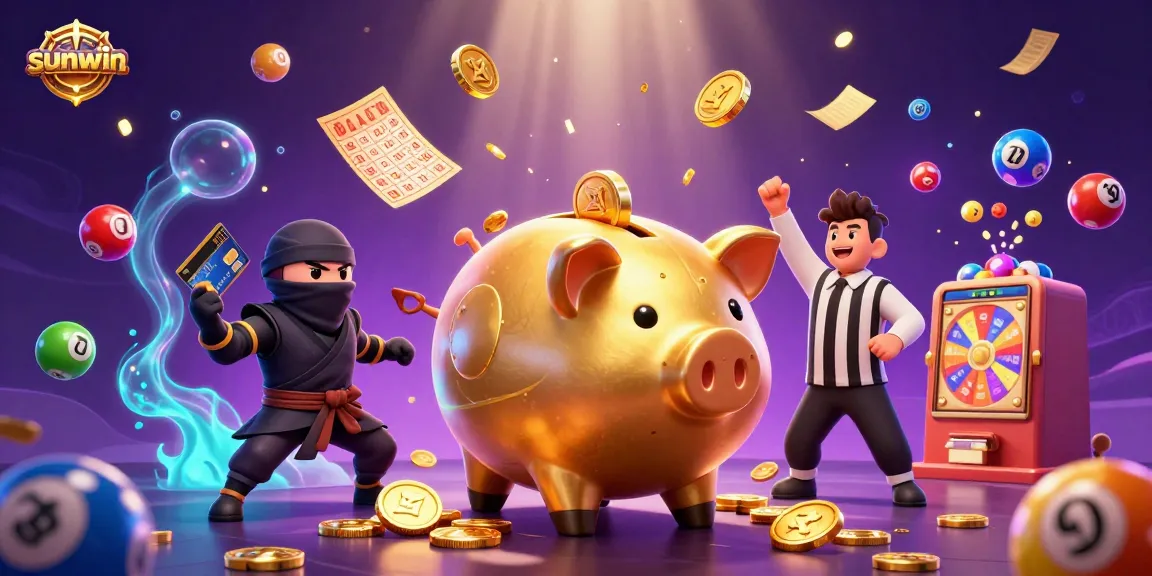 Join the excitement at sunwin with a golden piggy bank sumo wrestler and a thrilling prize wheel.