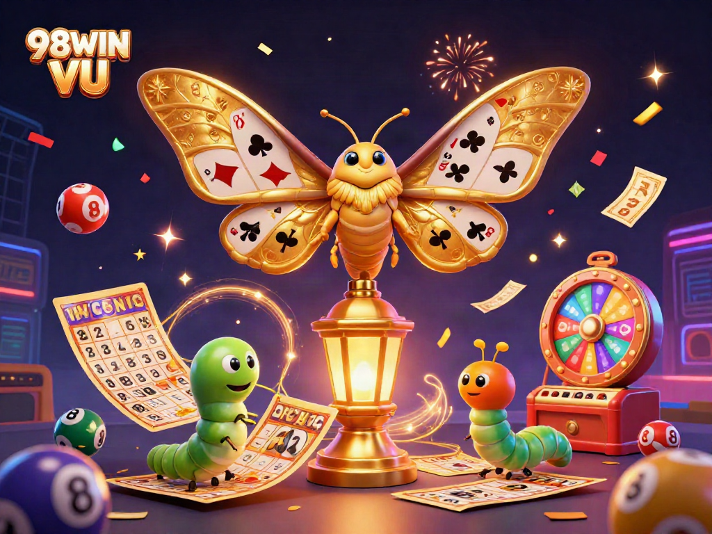 Experience the vibrant excitement of 98WIN VU with golden gaming elements and lively animations.