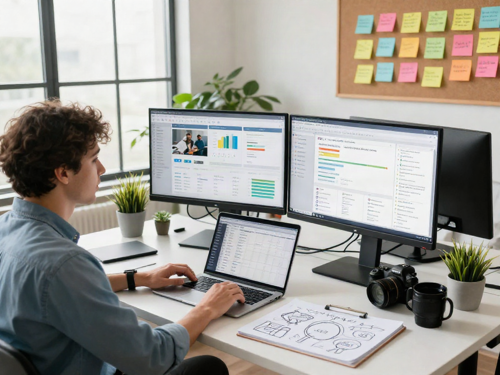 Marketing workspace showcasing digital strategies with analytics for ia +18 campaigns.