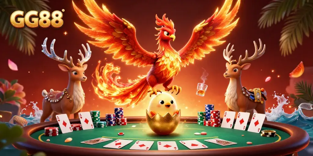 Engage in exciting moments at GG88 with a fiery phoenix and poker action.