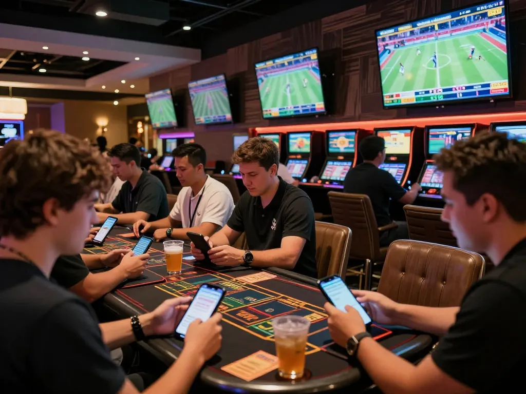 F8BET sports betting lounge with excited bettors using tablets and screens showcasing live events
