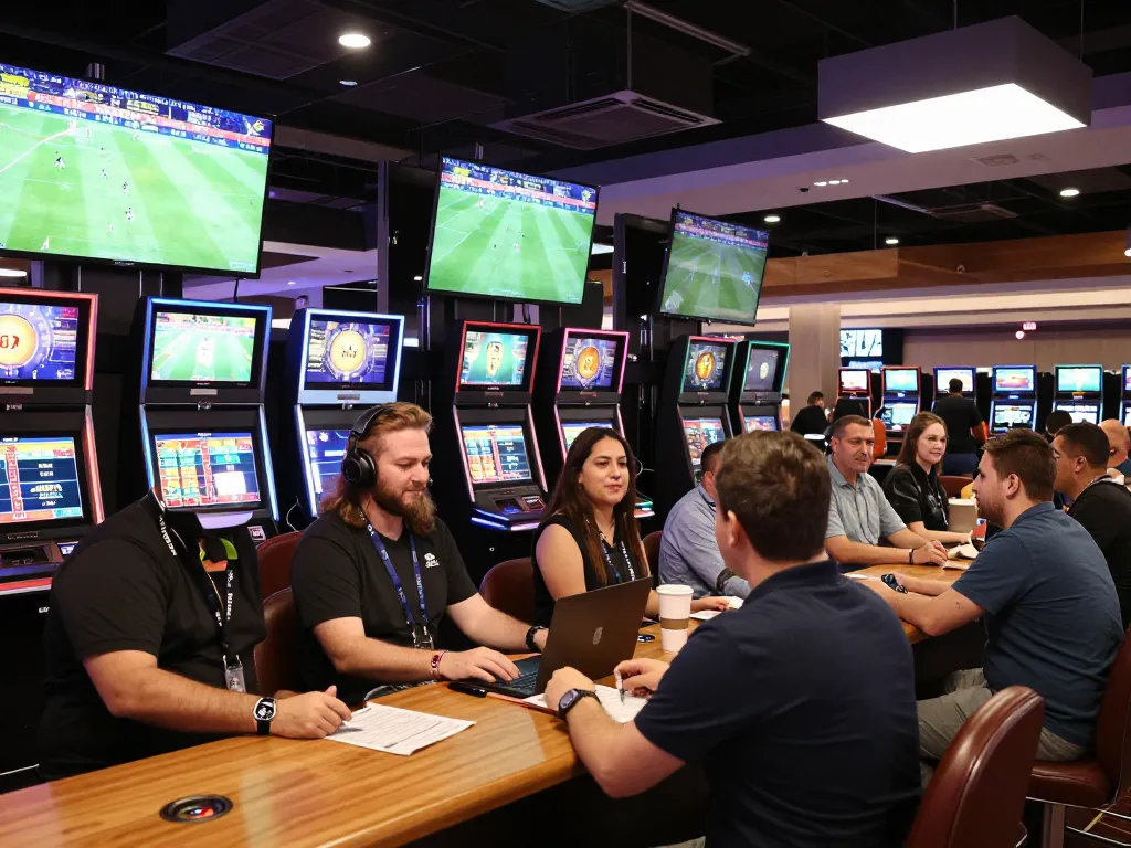 bettors excitedly placing bets at keonhacaii88 sports betting center during World Cup 2026