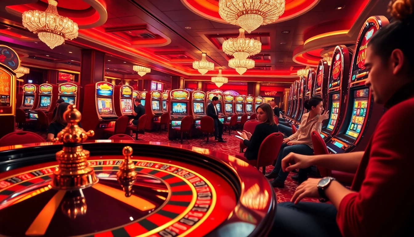 Gambling excitement at a chic WW88 casino with vibrant roulette and slot machines.