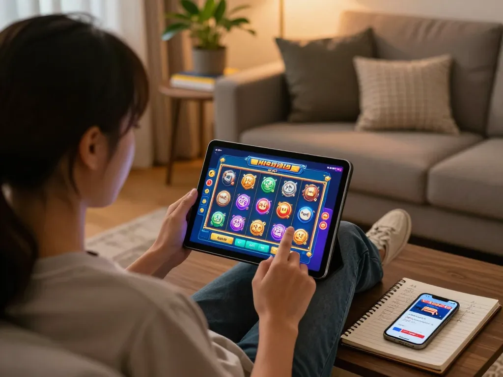 Nk88 player engaging in online slot game with tablet on cozy couch, showcasing strategic notes.